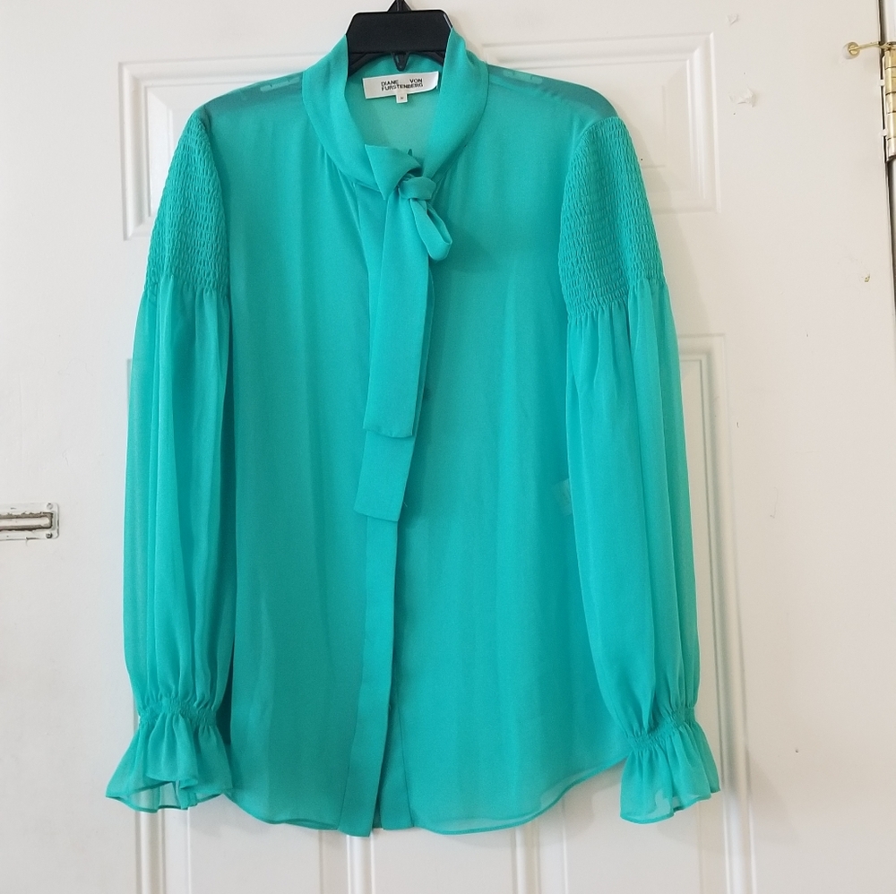 Diane Von Furstenberg Turquoise Tie-Neck Button-Down Blouse